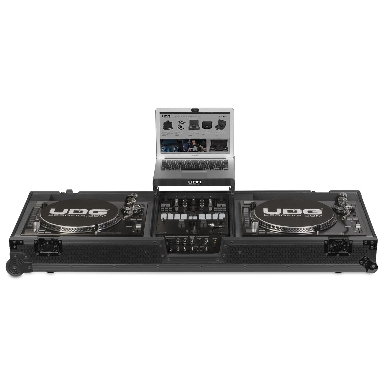 udg-ultimate-flight-case-set-plx9-sl1200-black-mk2-plus-laptop-shelf-wheels-turn image 1