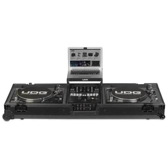 udg-ultimate-flight-case-set-plx9-sl1200-black-mk2-plus-laptop-shelf-wheels-turn image 1