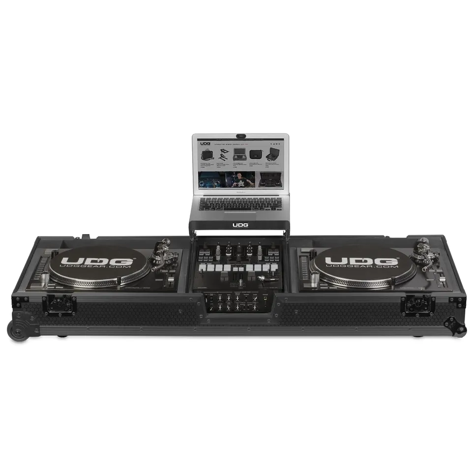 udg-ultimate-flight-case-set-plx9-sl1200-black-mk2-plus-laptop-shelf-wheels-turn image 1